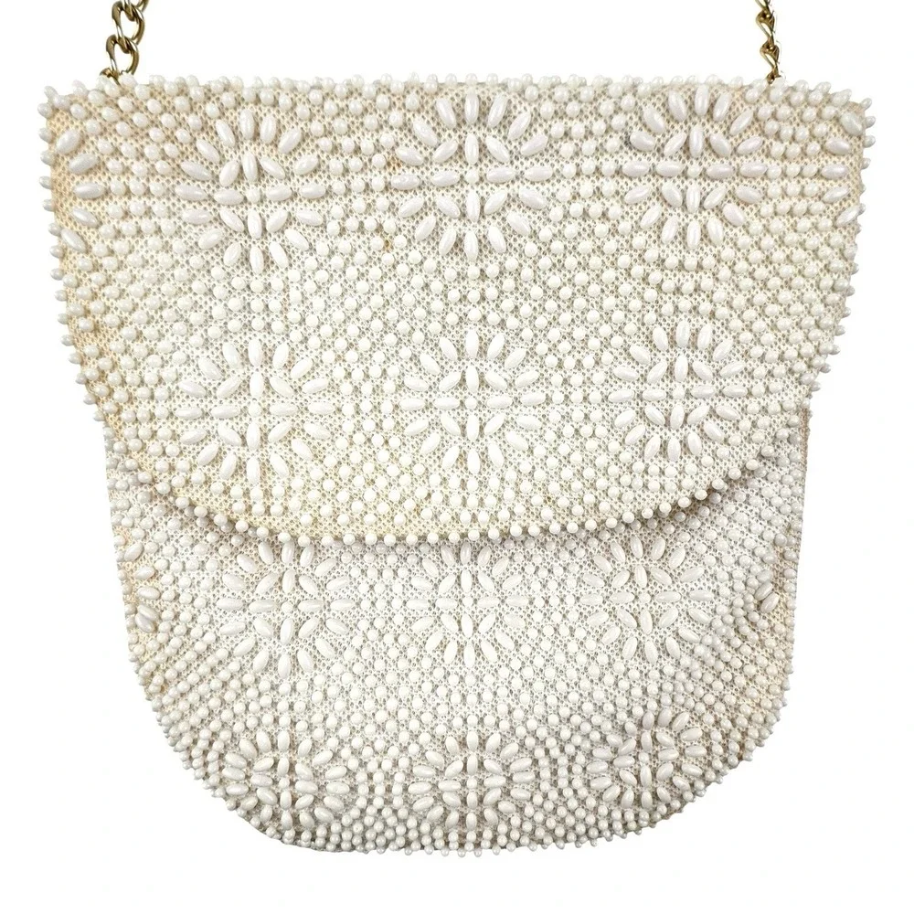 VTG‎ Beaded Purse Ivory Gold Shoulder Chain Evening Retro Elegant Formal 50s 60s